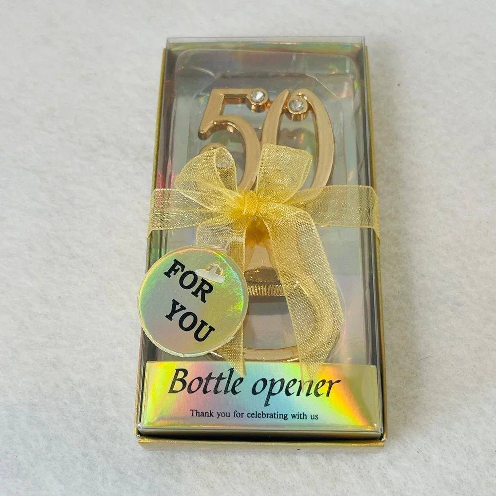 Gold 50th Birthday Anniversary Bottle Opener Rhinestone Party Favor‎ Gift Box